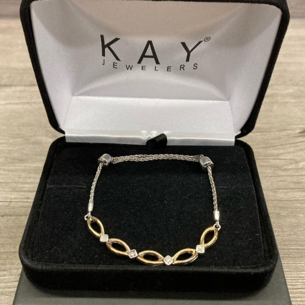 925 Sterling Silver Slide Bracelet w/10K Yellow Gold Diamond Accents 7.44g